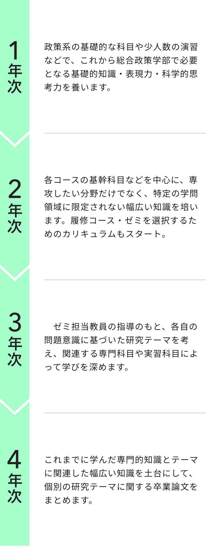 1年次：政策系の基礎的な科目や少人数の演習などで、これから総合政策学部で必要となる基礎的知識・表現力・科学的思考力を養います。2年次：各コースの基幹科目などを中心に、専攻したい分野だけでなく、特定の学問領域に限定されない幅広い知識を培います。履修コース・ゼミを選択するためのカリキュラムもスタート。3年次：ゼミ担当教員の指導のもと、各自の問題意識に基づいた研究テーマを考え、関連する専門科目や実習科目によって学びを深めます。4年次：これまでに学んだ専門的知識とテーマに関連した幅広い知識を土台にして、個別の研究テーマに関する卒業論文をまとめます。