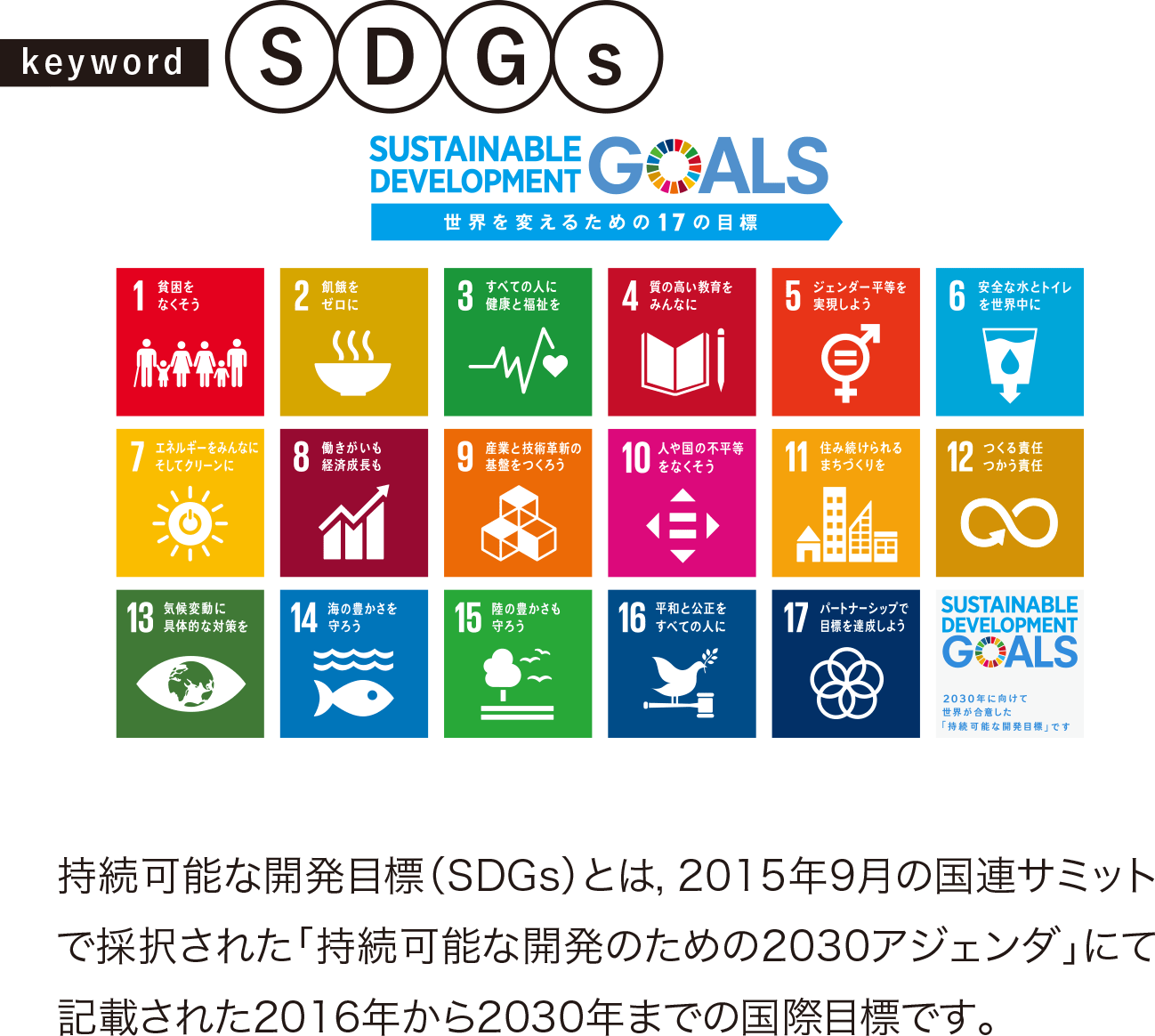持続可能な開発目標（SDGs）とは，2015年9月の国連サミットで採択された「持続可能な開発のための2030アジェンダ」にて記載された2016年から2030年までの国際目標です。