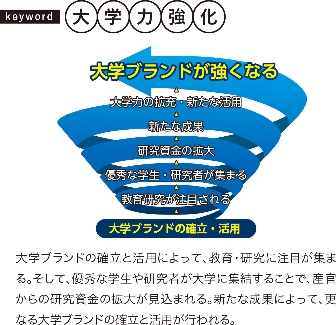 大学ブランドの確立と活用によって、教育・研究に注目が集まる。そして、優秀な学生や研究者が大学に集結することで、産官からの研究資金の拡大が見込まれる。新たな成果によって、更なる大学ブランドの確立と活用が行われる。