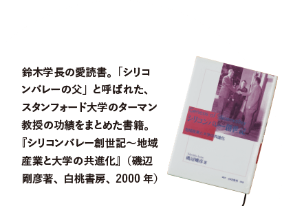 鈴木学長の愛読書。「シリコ ンバレーの父」と呼ばれた、スタンフォード大学のターマン教授の功績をまとめた書籍。『シリコンバレー創世記~地域 産業と大学の共進化』(磯辺剛彦著、白桃書房、2000年）