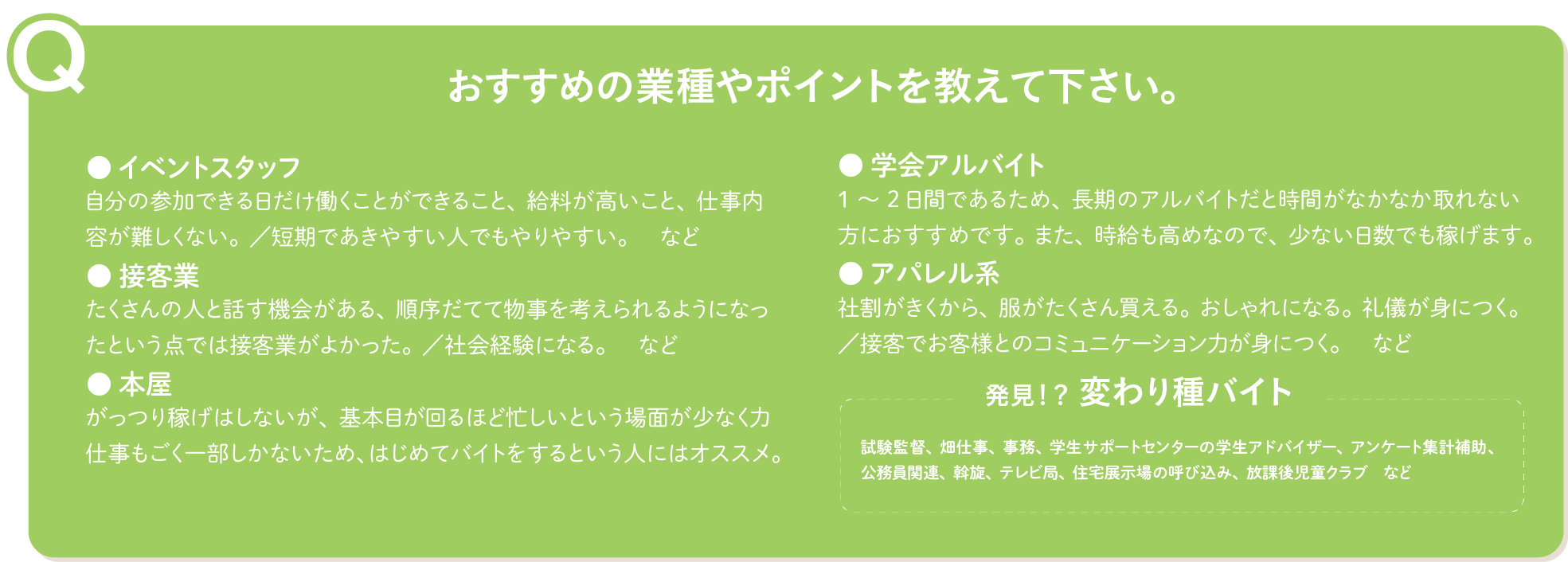 おすすめの業種やポイントを教えて下さい　イベントスタッフ／自分の参加できる日だけ働くことができること、給料が高いこと、仕事内容が難しくない、短期であきやすい人でもやりやすい。接客業／たくさんの人と話す機会がある、順序だてて物事を考えられるようになったという点では接客業がよかった。社会経験になる。本屋／がっつり稼げはしないが、基本目が回るほど忙しいという場面が少なく力仕事もごく一部しかないため、はじめてバイトをするという人にはオススメ。学会アルバイト／1～2日間であるため長期のアルバイトだと時間がなかなか取れない方におすすめ、時給も高めなので少ない日数でも稼げます。アパレル系／社割がきくから、服がたくさん買える、おしゃれになる、礼儀が身につく、接客でお客様とのコミュニケーション力が身につく。発見!? 変わり種バイト／試験監督、畑仕事、事務、学生サポートセンターの学生アドバイザー、アンケート集計補助、公務員関連、斡旋、テレビ局、住宅展示場の呼び込み、放課後児童クラブ。